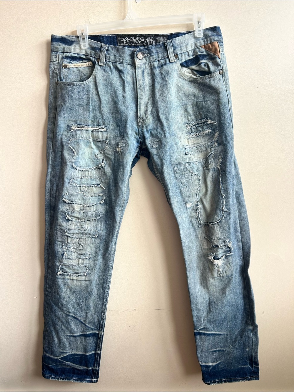 Heritage by America 1776 Distillery Men's Blue Jeans 38x34 Distressed Denim